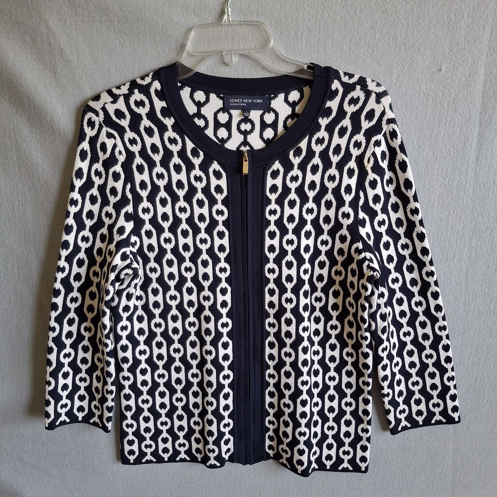 Jones New York Signature Cardigan Sweater Womens L Black White Zip Up Chain Link
